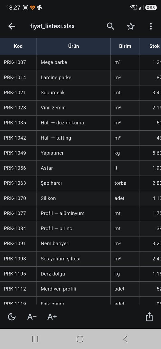 Excel tablosu